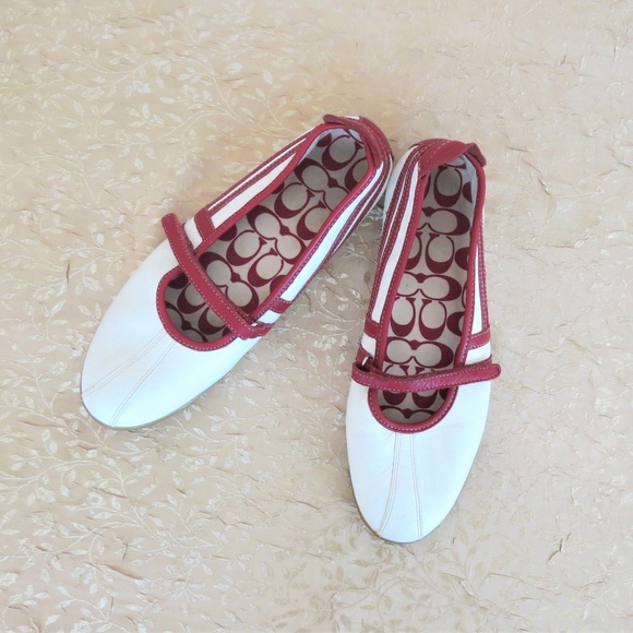 Coach Shoes - Coach Elaina White & Red Leather Flats 8M